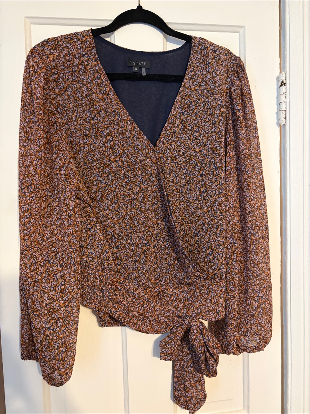 1. State Brown Wrap Tie-Front Blouse